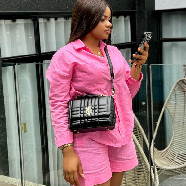 African women's clothing solid color simple cardigan shirt casual shorts set European and American fashion foreign style versatile two-piece set women