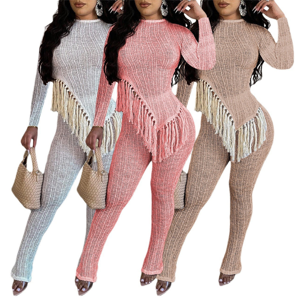 cross-border fashion: new autumn solid color long sleeve tassel hem pants two-piece set for  (us & europe)