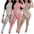 cross-border fashion: new autumn solid color long sleeve tassel hem pants two-piece set for  (us & europe)