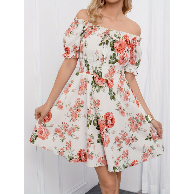 code new arrival  original women's gentle style floralsprinting one-line collar dress