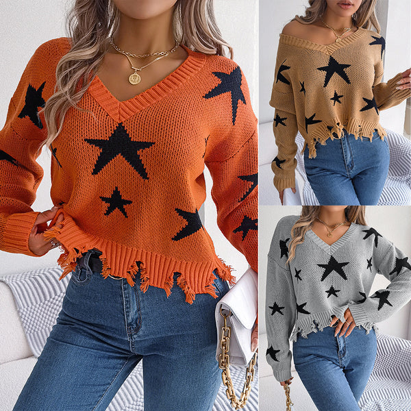 Y2K European and American style autumn and winter casual V-neck star cut long-sleeved knitted pullover,   women's clothing