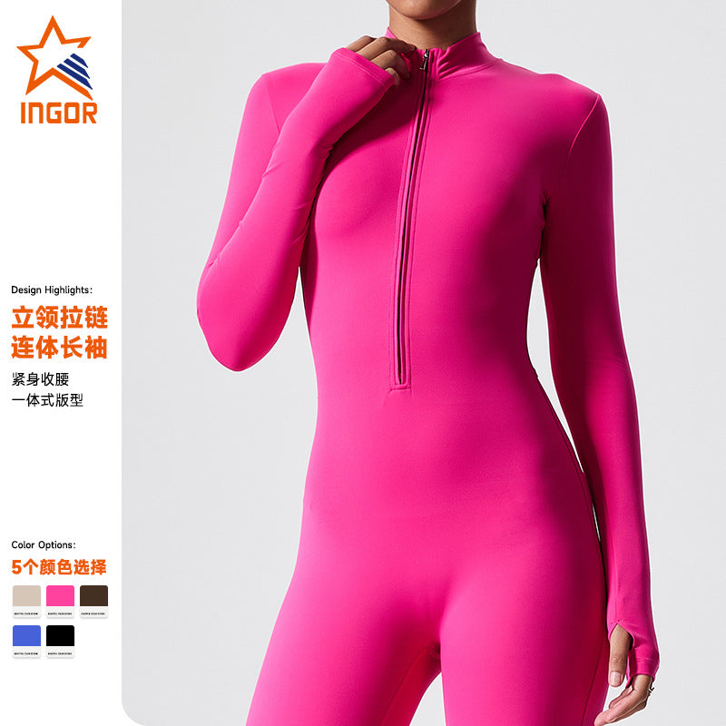 long-sleeve outdoor sports bodysuit gym outfit zipper training tight butt-lifting sports jumpsuit yoga suit