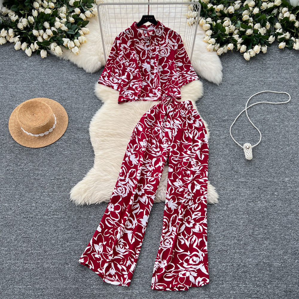 Salt style light mature style suit women's fashioneasiest for matchlooseshortprintingshirt+high waistslimming lookloosecasual pants