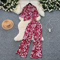Salt style light mature style suit women's fashioneasiest for matchlooseshortprintingshirt+high waistslimming lookloosecasual pants