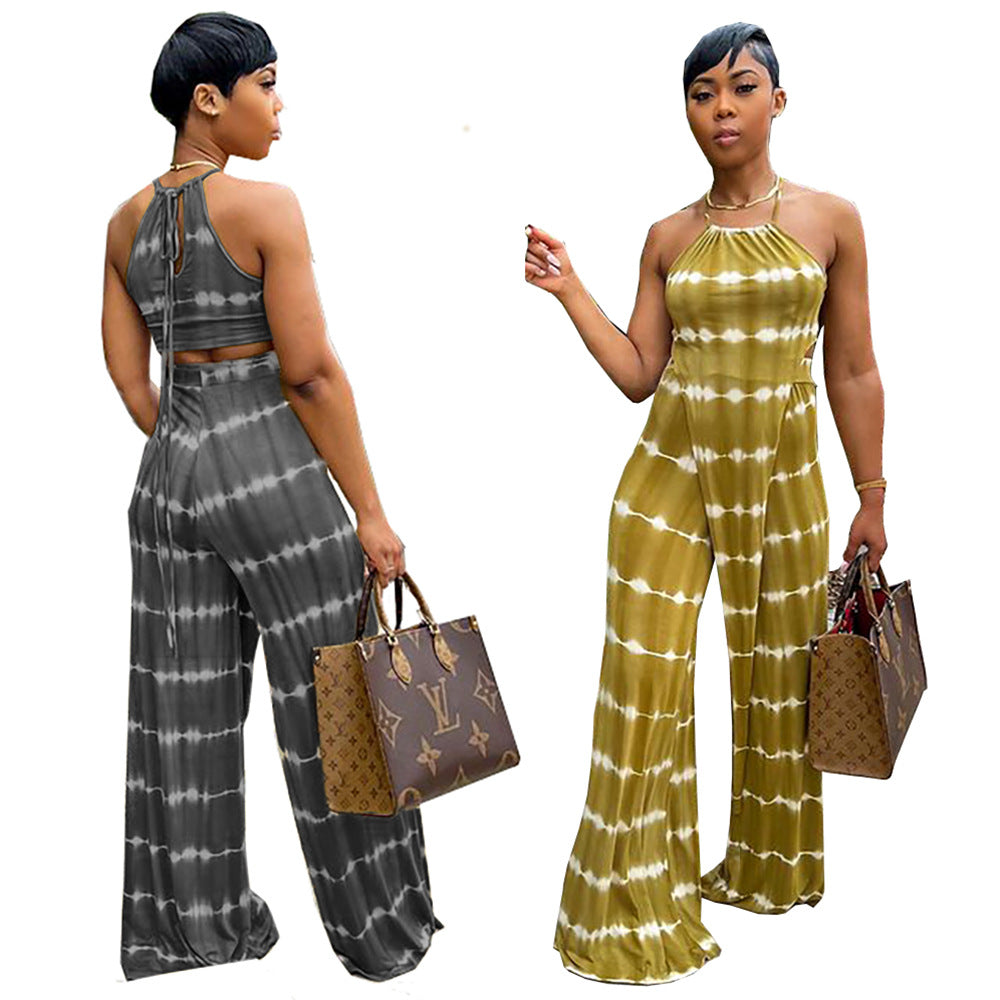 european and american women's suit  women's clothing street sexy tie-dye tops loose pants two-piece set