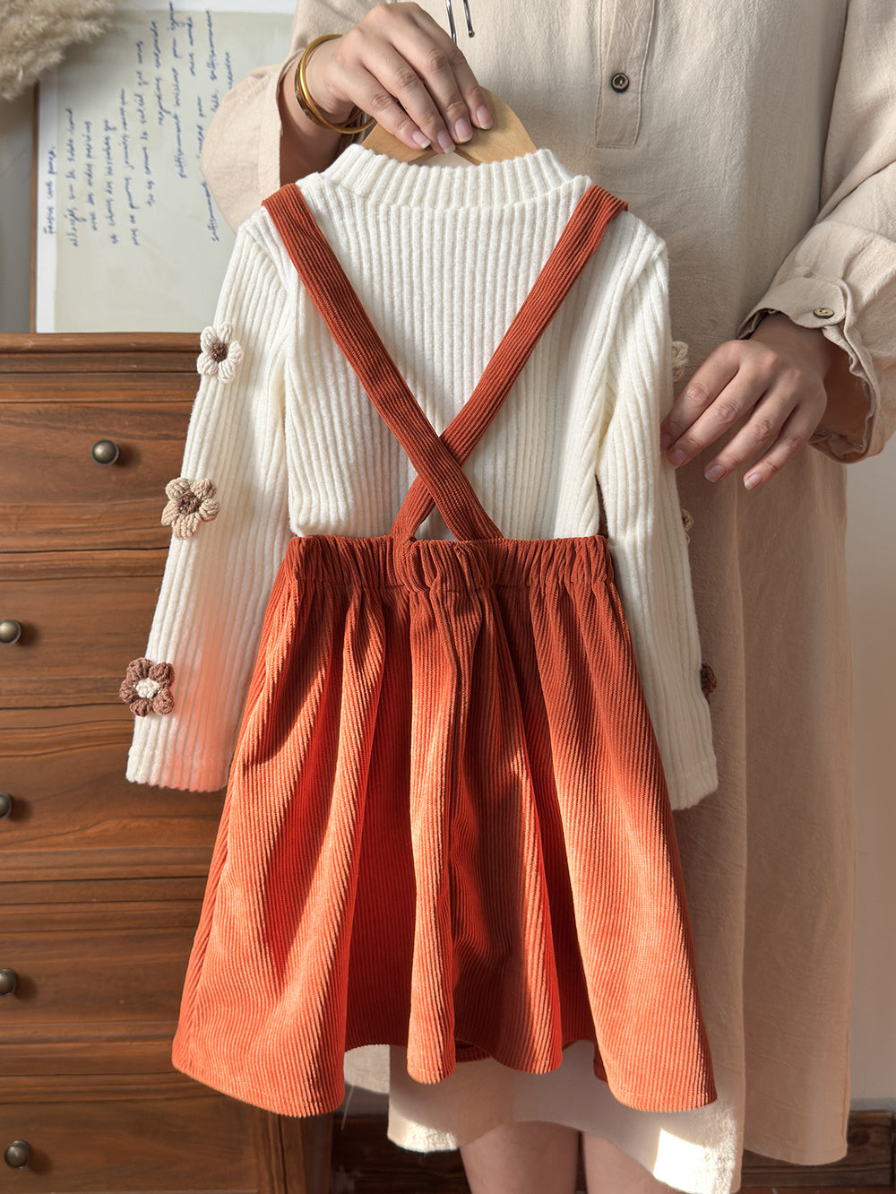 hot-selling pastoral style girls' floral round neck top + embroidered suspender dress - cross-border exclusive