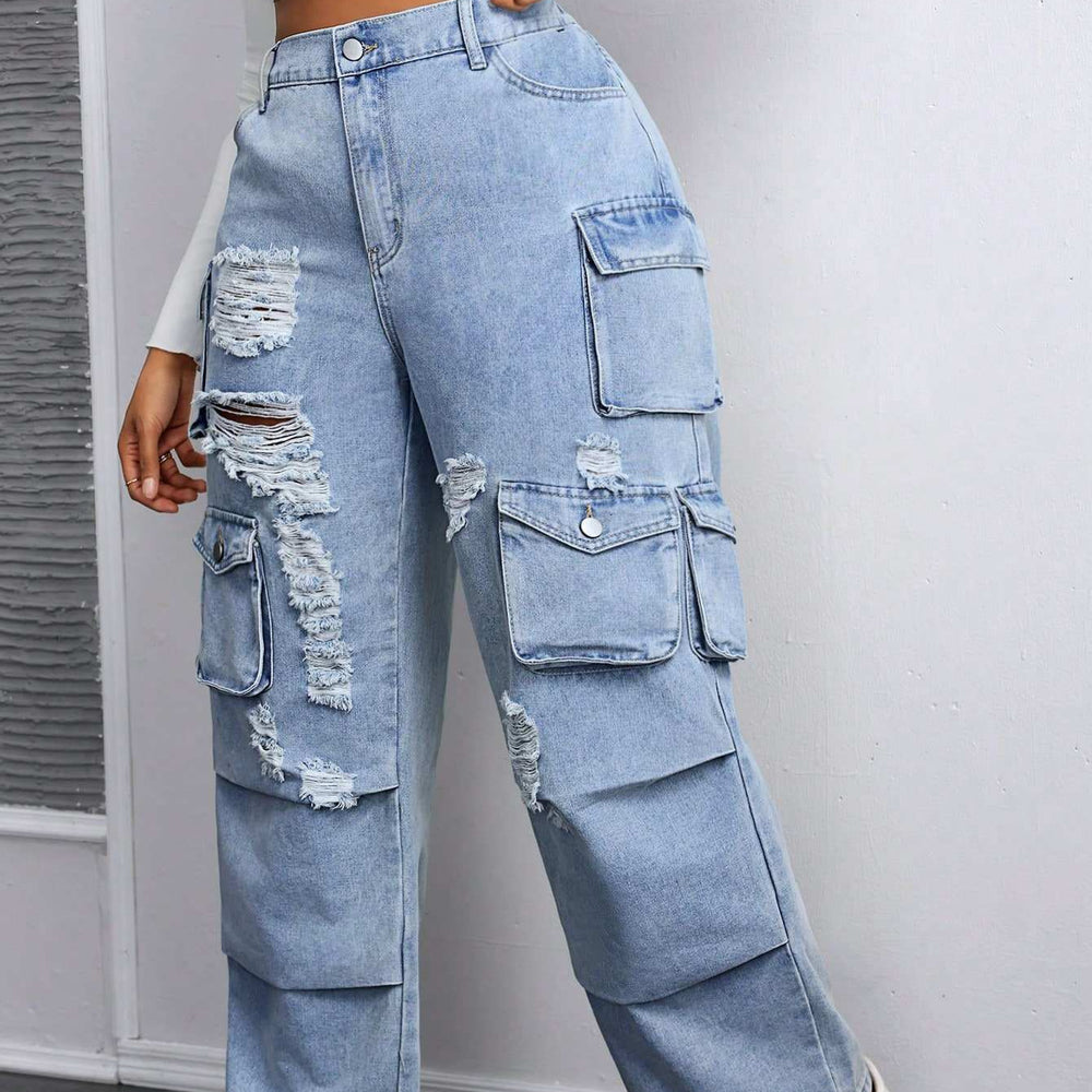 Amazon  fashionplus size women's casual loose workwear pants american high street multi-flap pocket pants jeans
