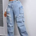 Amazon  fashionplus size women's casual loose workwear pants american high street multi-flap pocket pants jeans