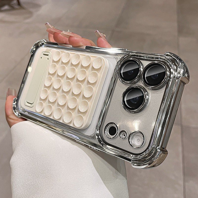 Suitable for iphone 17 pro max phone case, electroplated four-corner shockproof silicone suction cup kickstand case, also compatible with iphone 16