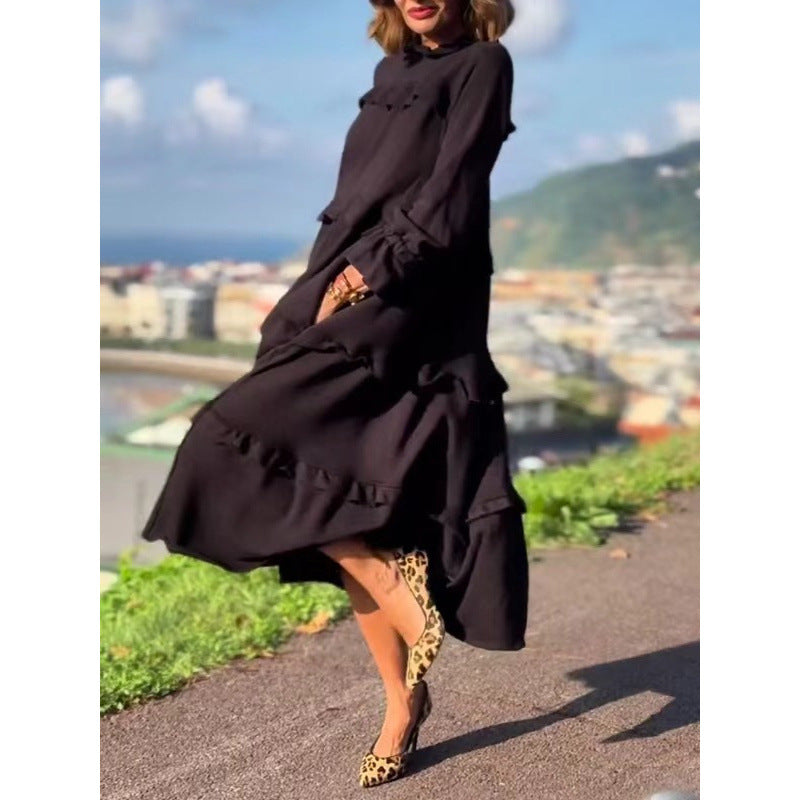 summer new arrival: women's long-sleeve, round neck, ruffle-trimmed dress - perfect for cross-border e-commerce and independent online stores