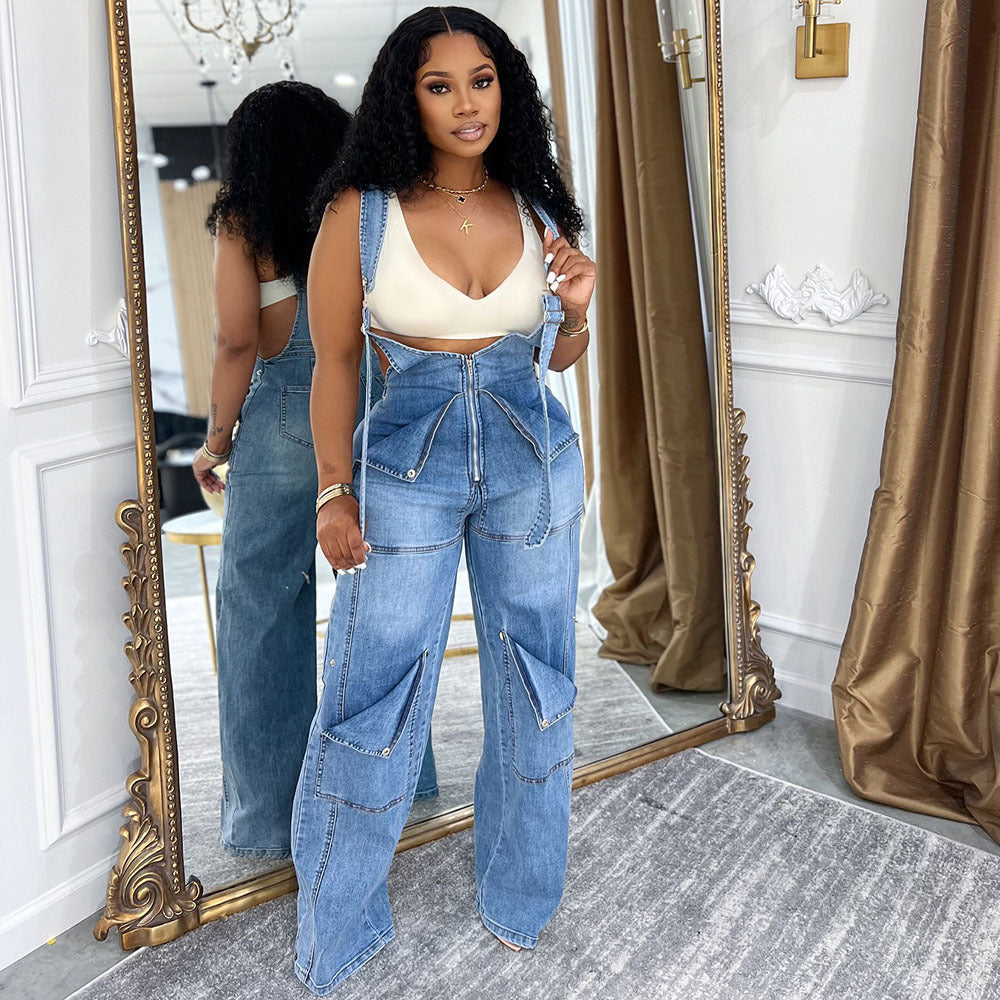 European and american style women's denim overalls -  cross-border women's summer streetwear casual zipper washed jumpsuit