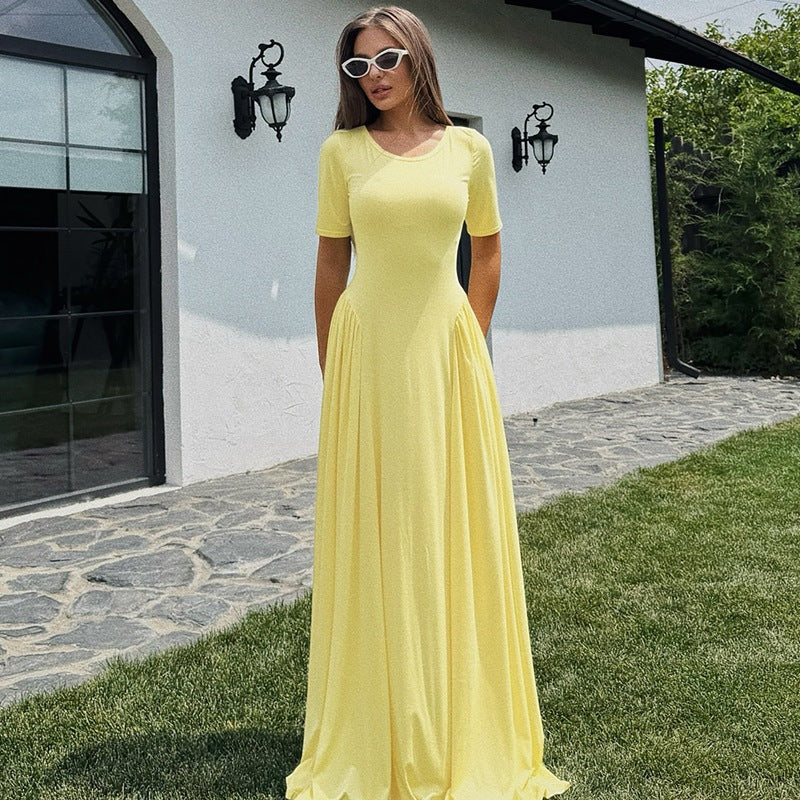 European and american women's clothing  summer new arrivals: solid color fashionable elegant round neck slim fit short sleeve a-line maxi dress