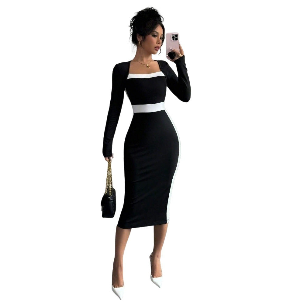 new  cross-border european and american women's clothing color block midi dress sexy bodycon long sleeve dress
