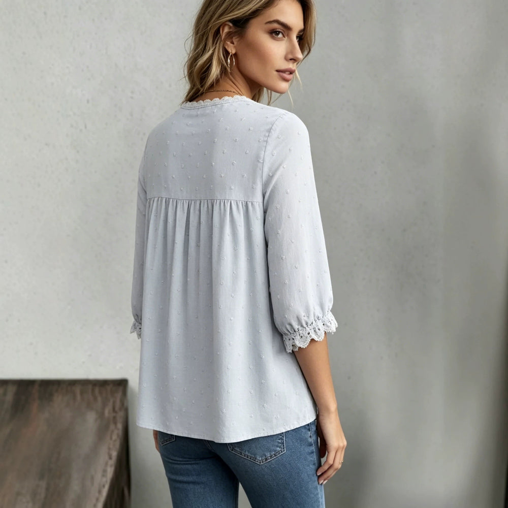 summer european and american casual women's pullover jacquard v-neck solid color blouse