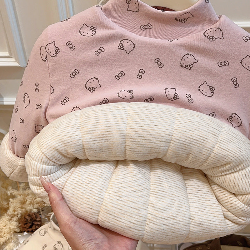 Girls' autumn/winter three-layer quilted padded base layer top, baby girl long-sleeve top, base layer shirt, children's sweatshirt, kids' clothing
