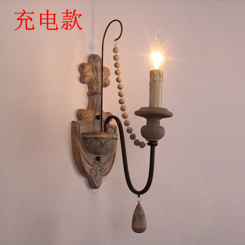 American retro wall lamp - cordless charging, solid wood, french style for living room, bedroom, bedside, hallway, stairway, candle wall sconce