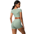 European and american nude feel quick-dry short sleeve yoga set with padded bra, compression workout training shorts, running fitness outfit