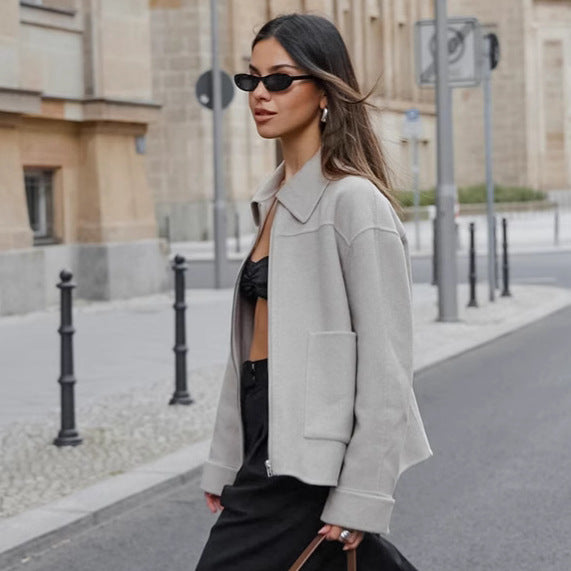 European and American  new 2025 autumn and winter woolen jacket women's simple gray versatile splicing long-sleeved warm cardigan