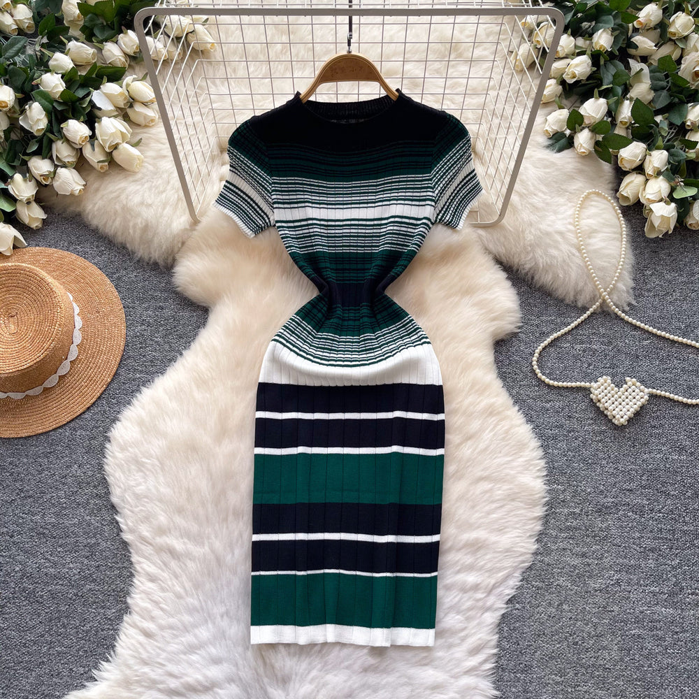 Korean style color block striped knit dress - women's 2026 summer slim fit short sleeve a-line dress - commute chic