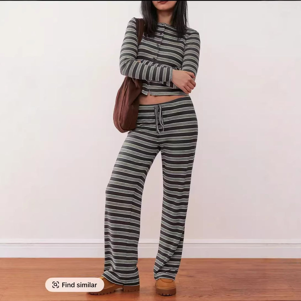 fashionplaidcasualstripes single-breasted long sleevescardiganpantssuit for women