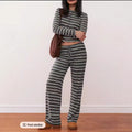 fashionplaidcasualstripes single-breasted long sleevescardiganpantssuit for women