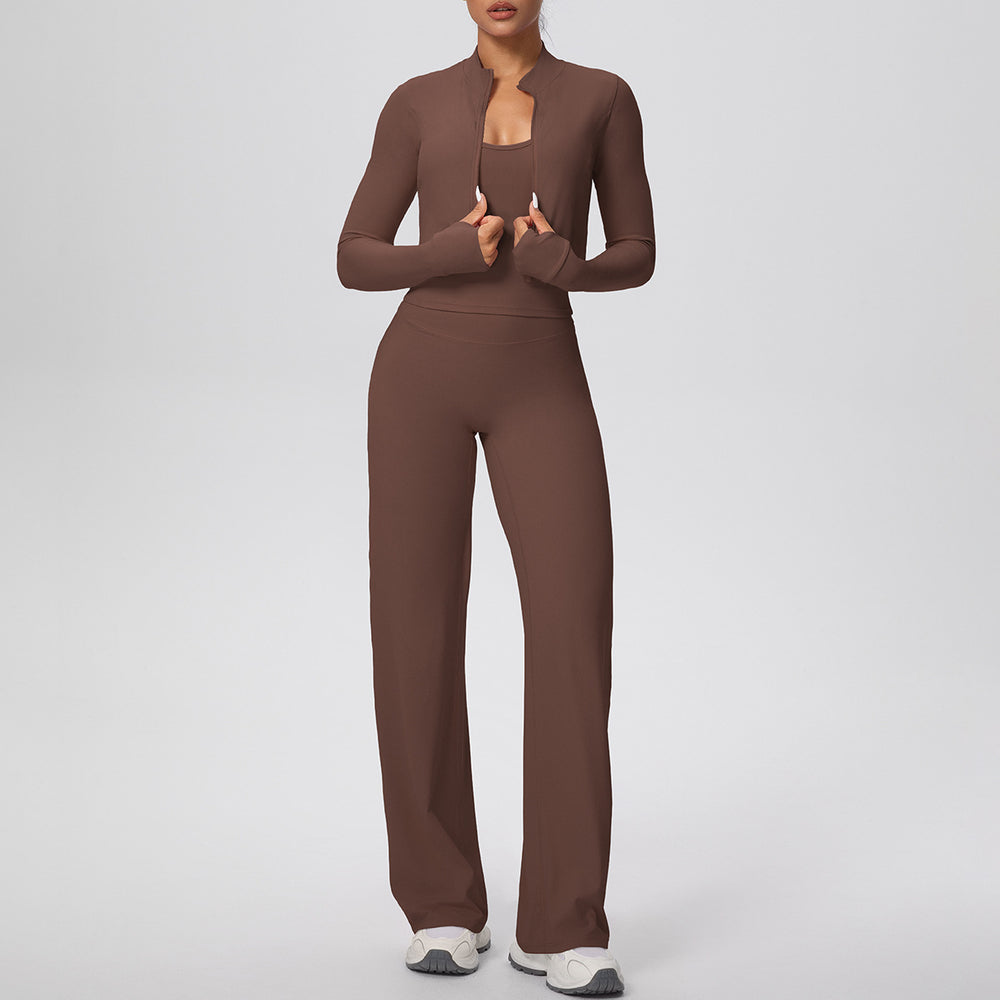 brushed tight drawstring halter vest wide-leg long three-piece set sports running fitness yoga suit