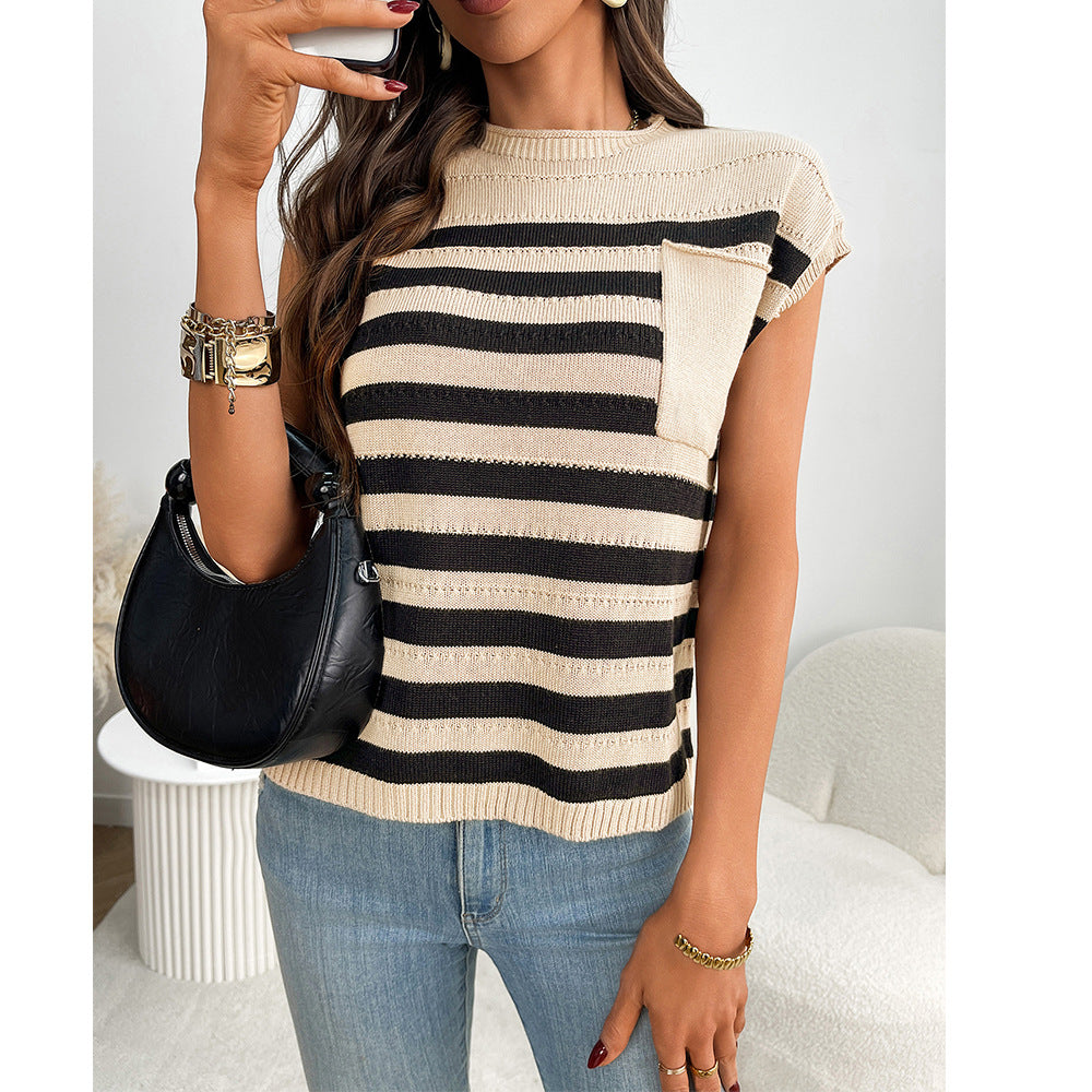 2025 summer new  European and American women's clothing  women's crew neck top thick needle casual striped sweater