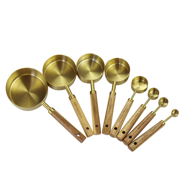 Cross-border spot measuring cup measuring spoon baking kitchen measuring gold-plated spoon seasoning spoon acacia handle fcm8-piece set
