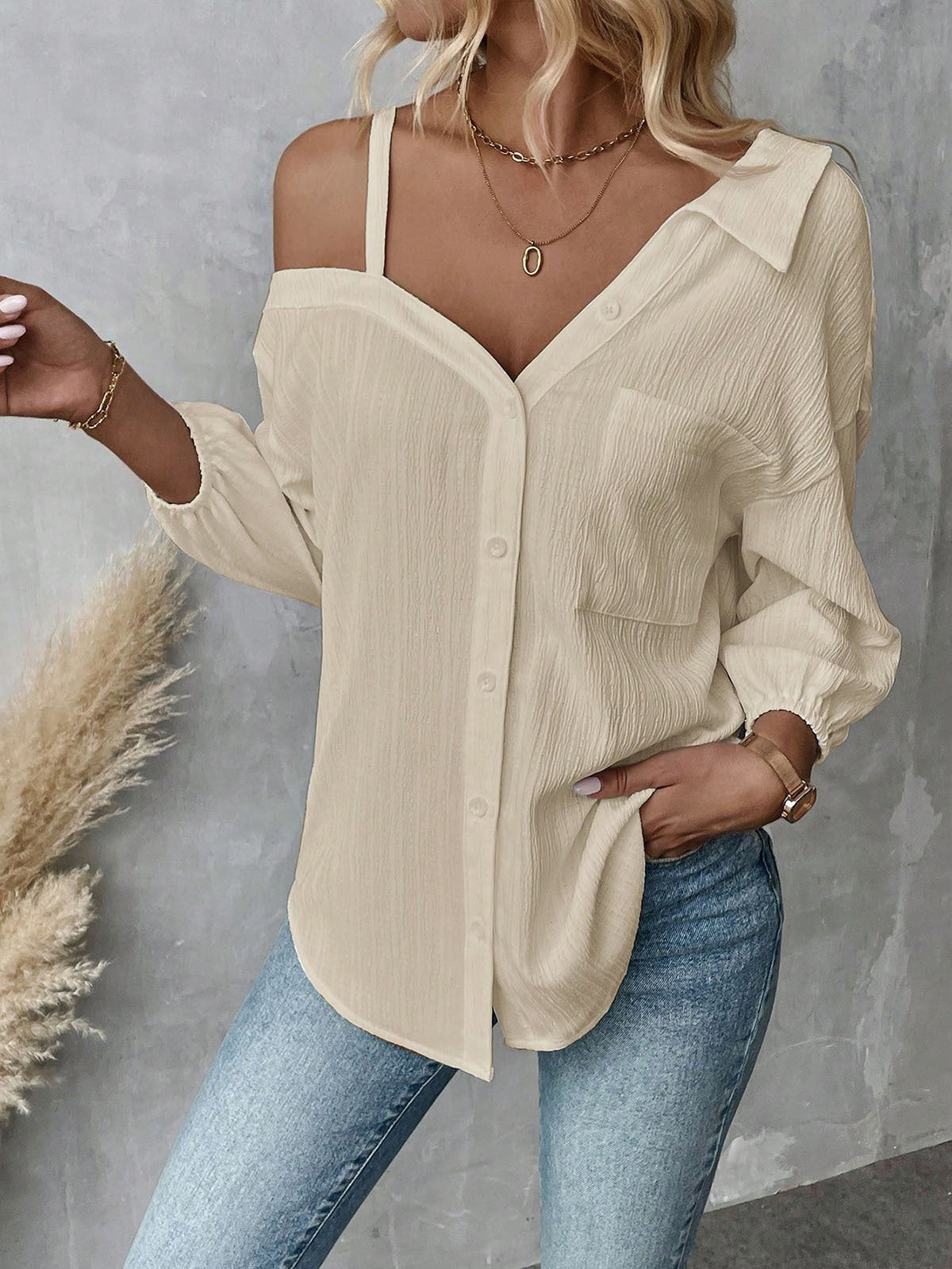 Spot 2025 spring and summer European and American independent station  lapel seven-quarter sleeve off-the-shoulder cardigan texture single-breasted casual