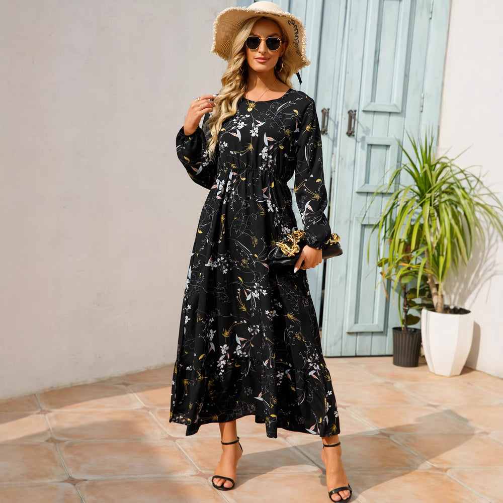 Shopee tk floral dress women's french round neck waist long light mature classysense slimming look cross-border early spring style