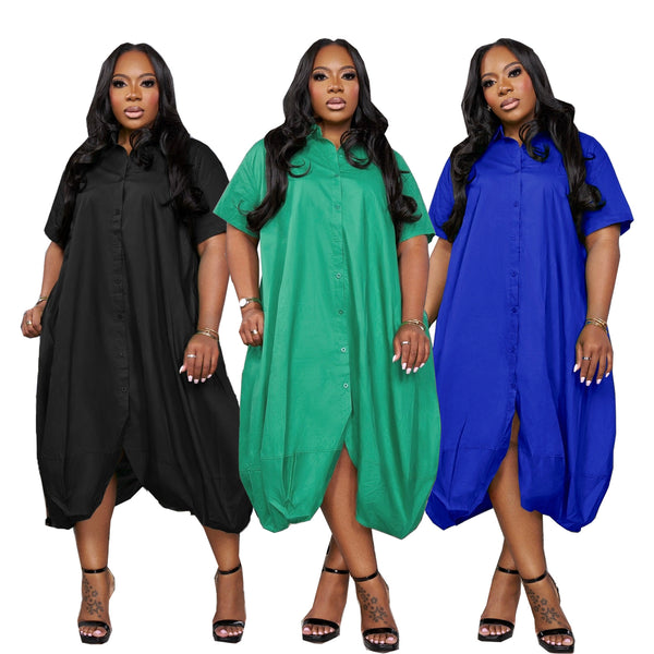 TW650 summer  European and American cardigan loose skirt large size solid color fashionable simple commuting sweet short-sleeved dress