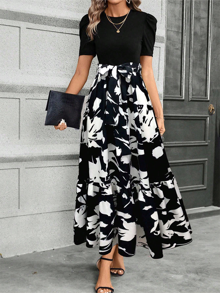 Amazon  european and american women's floral print high-waisted elegant chiffon dress - chic & versatile for work