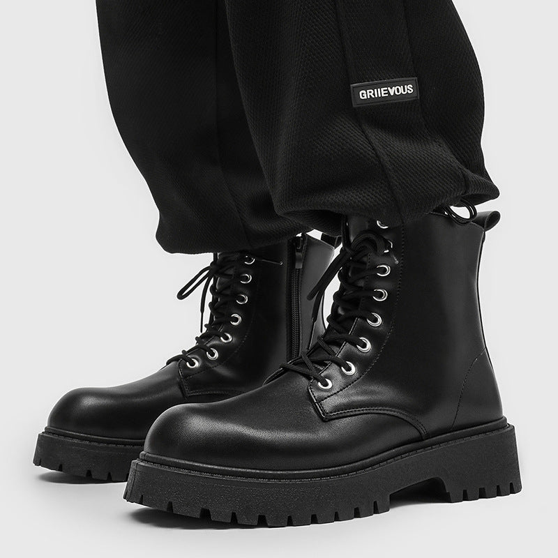 Side zipper boots men's high-top british style leather black workwear motorcycle boots spring height-increasing high-top short boots