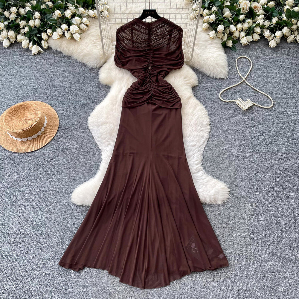Eleganceelegant pleated silm pure lust style dress women's summer strap waist high waist a-line skirt slimming look long skirt