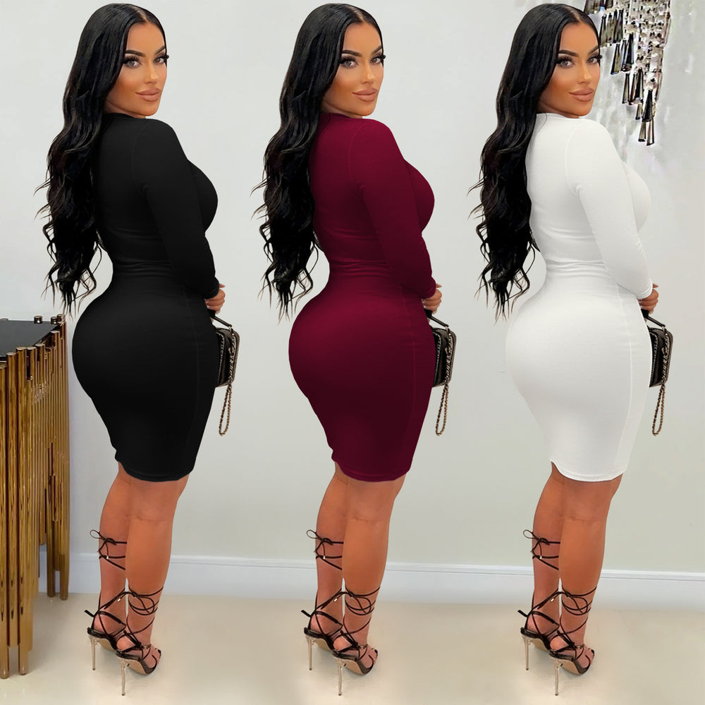 C7627 cross-border   fashion women's off-the-shoulder bodycon mini dress - elegant solid color