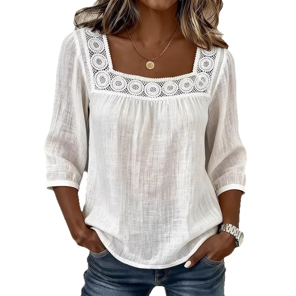 new cross-border  summer solid color casual square neck lace trimmed three-quarter sleeve cotton linen short-sleeve top for women