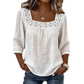 new cross-border  summer solid color casual square neck lace trimmed three-quarter sleeve cotton linen short-sleeve top for women