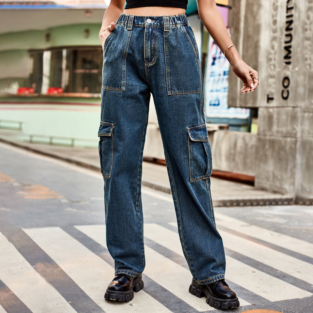 American retro european and american cross-border  new washed semi-elastic design stylish denim workwear casual pants for women
