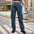 American retro european and american cross-border  new washed semi-elastic design stylish denim workwear casual pants for women
