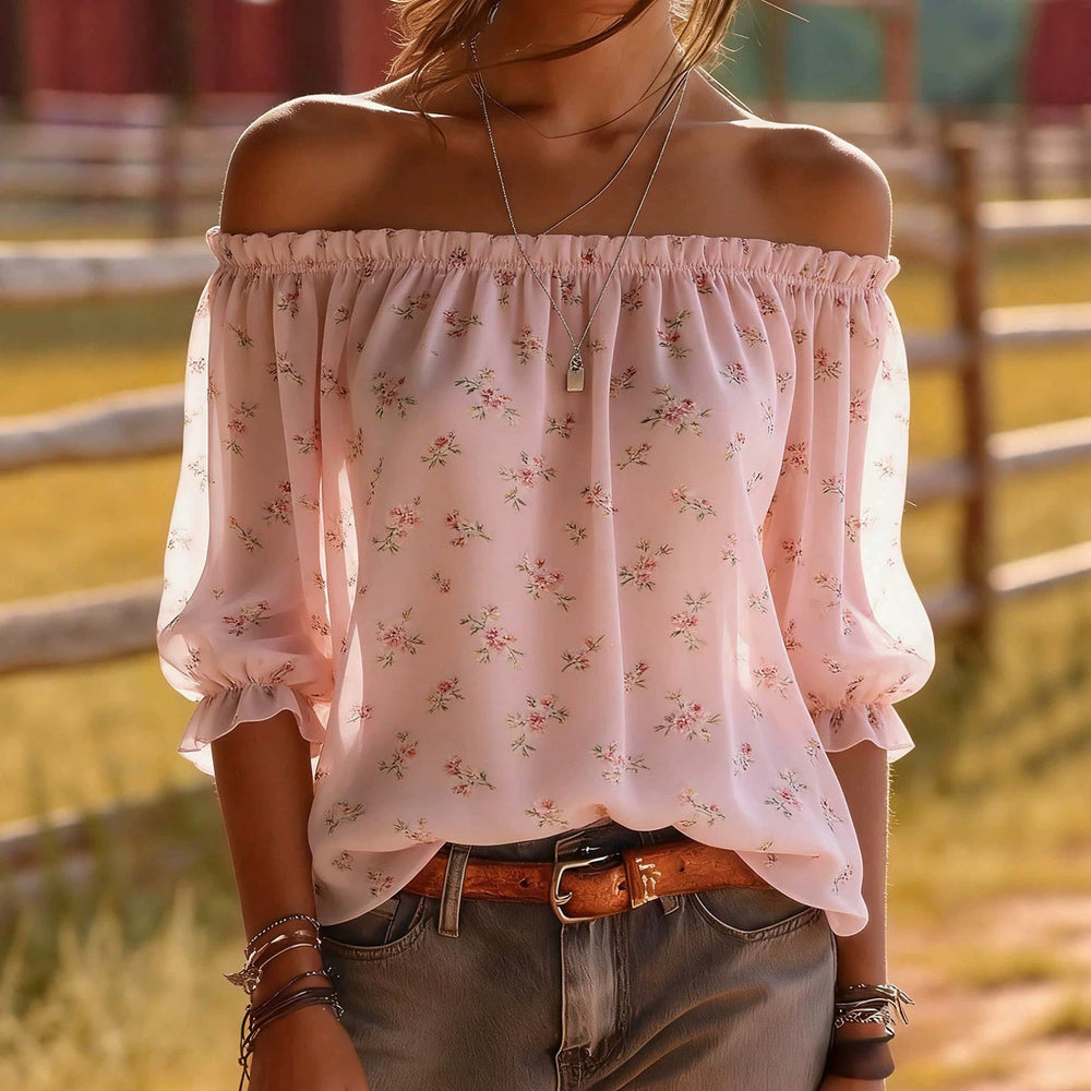 fashion  summer new pink floral off-the-shoulder top, bardot neck bubble sleeve chiffon blouse