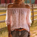 fashion  summer new pink floral off-the-shoulder top, bardot neck bubble sleeve chiffon blouse