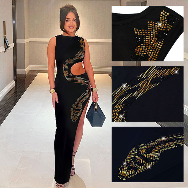 K3217 European and American, hollow snake-shaped hot drill split hip dress
