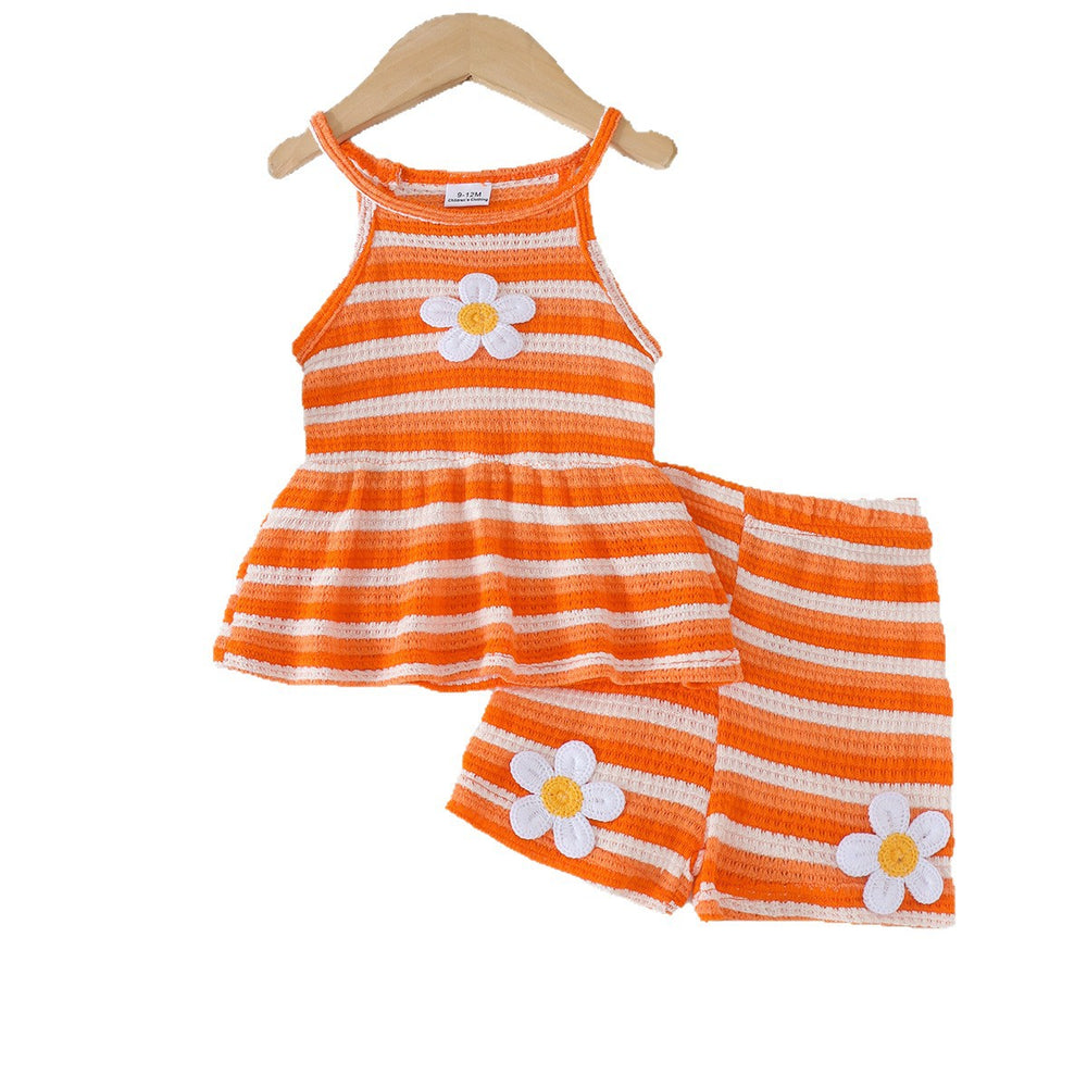 Children's clothing cross-border european and american girls' orange striped suspender tops+shortstwo-piece set