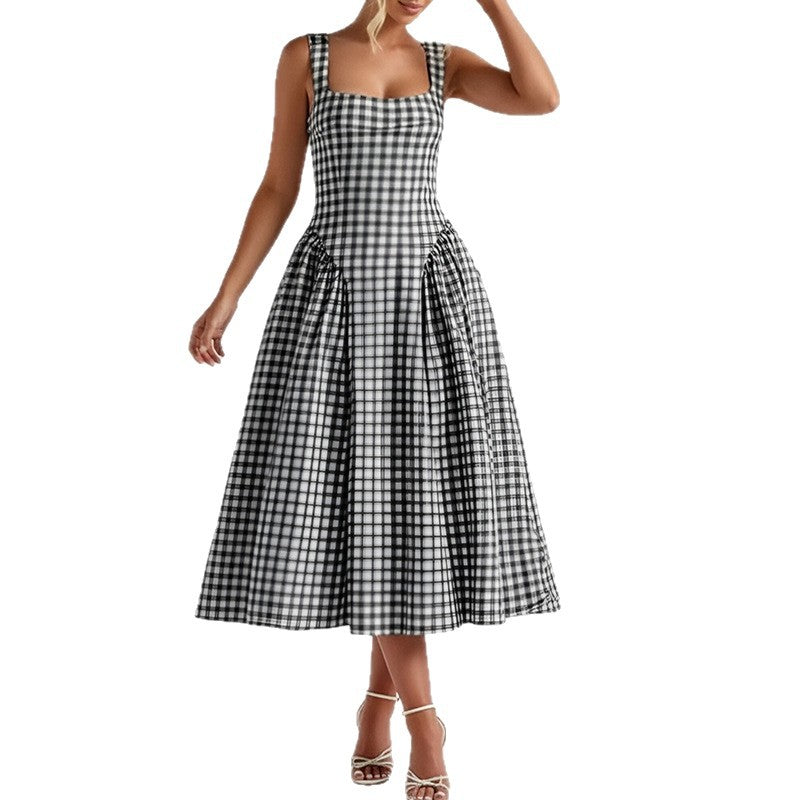 summer new women's clothing: cross-border export, european and american style, fashionable and elegant plaid square neck camisole waist-defining dress