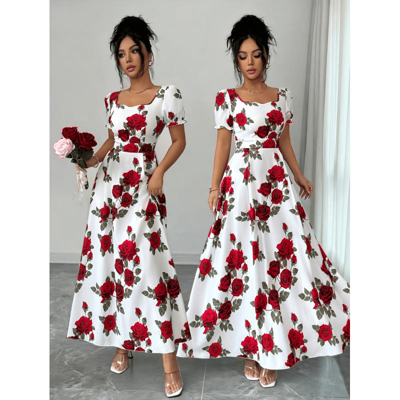 Women's summer new arrival: elegant vintage rose print square neck cinched waist puff sleeve a-line maxi dress