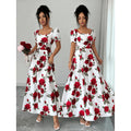Women's summer new arrival: elegant vintage rose print square neck cinched waist puff sleeve a-line maxi dress