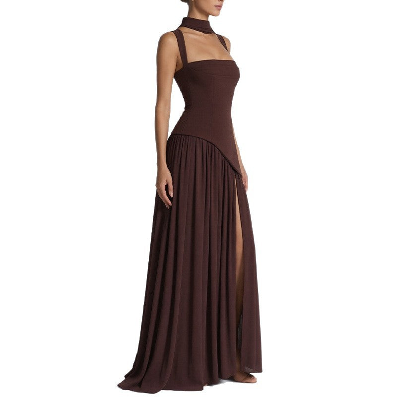 women's summer new arrivals:  cross-border fashion - european & american style, elegant solid color pleated slit dress