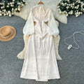French chic flared sleeve maxi dress with 3d floral embroidery - high waist, slimming a-line silhouette