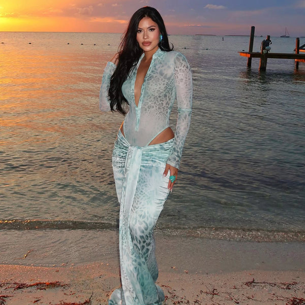 Europe, America and  2025 new fashion women's clothing deep V-neck hollow top streamer long skirt leopard print sexy suit