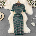 Lightly mature royal sister style round neck silm pleated stripesdresseleganceelegant goddess style classy sense hip-covering long skirt